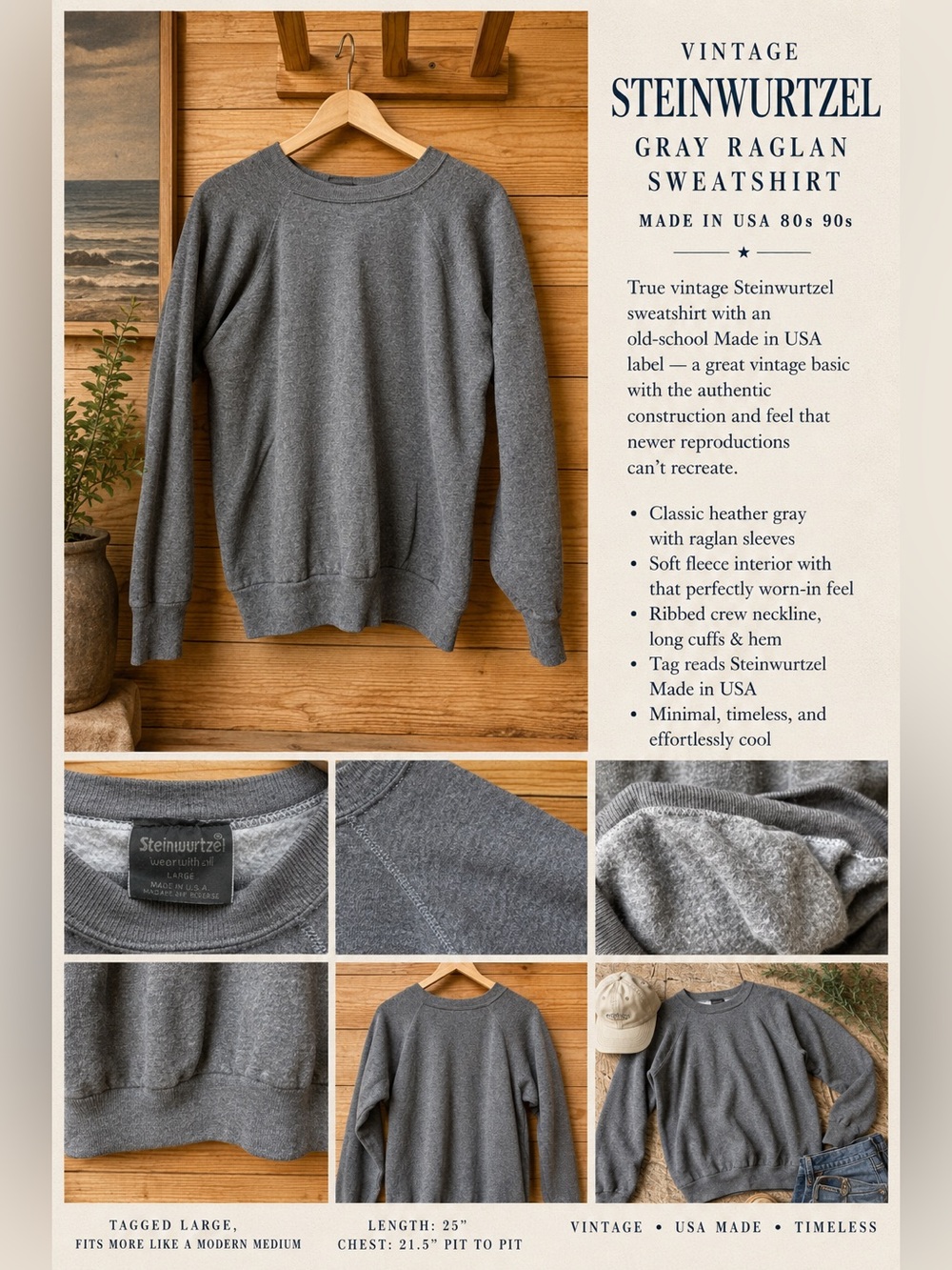 Vintage Steinwurtzel Gray Raglan Sweatshirt Made in USA 80s 90s Pullover